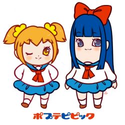 Rule 34 | 2girls, ;), artist request, blonde hair, blue eyes, blue hair, blush, commentary, dress, english commentary, looking at viewer, multiple girls, one eye closed, pipimi, poptepipic, popuko, sailor dress, scrunchie, signature, smile, yellow eyes