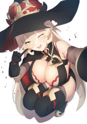 Rule 34 | 1girl, ;d, absurdres, black gloves, blonde hair, blush, boots, bra, bra peek, breasts, cape, cleavage, commentary request, fang, from above, gloves, hair between eyes, hat, highres, large breasts, long hair, looking at viewer, nijisanji, nui sociere, nui sociere (1st costume), one eye closed, open mouth, partially fingerless gloves, selfie, skin fang, smile, solo, sparkle, squatting, thigh boots, torn clothes, torn hat, underwear, virtual youtuber, witch hat, yellow eyes, yusayusa56561