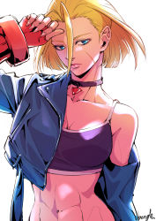 Rule 34 | 1girl, abs, absurdres, blonde hair, blue eyes, breasts, cammy white, choker, cleavage, closed mouth, fighting game, highres, jacket, medium breasts, muscular, muscular female, navel, open clothes, open jacket, scar, short hair, signature, simple background, solo, street fighter, street fighter 6, strikebeagle, white background