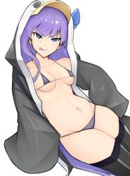 Rule 34 | 1girl, absurdres, animal hood, artist request, bad id, bad pixiv id, bare shoulders, bikini, black jacket, black legwear, blue bow, blue eyes, blush, bow, breasts, choker, closed mouth, collarbone, fate/grand order, fate (series), grey bikini, highres, hood, hood up, jacket, long hair, long sleeves, looking at viewer, meltryllis, meltryllis (fate), meltryllis (swimsuit lancer) (fate), meltryllis (swimsuit lancer) (first ascension) (fate), navel, penguin hood, purple hair, seino (sasakike1305), simple background, sleeves past fingers, sleeves past wrists, small breasts, smile, swimsuit, thighs, tongue, tongue out, very long hair, white background