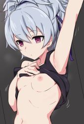 Rule 34 | 1girl, arm up, armpits, bare shoulders, breasts, breasts out, closed mouth, clothes lift, commentary request, darker than black, expressionless, hair ribbon, hand on own chest, highres, kuro mushi, looking away, looking down, motion lines, navel, nipples, petite, purple eyes, purple ribbon, ribbon, shirt lift, short hair, silver hair, sleeveless, small breasts, solo, strap slip, upper body, yin (darker than black)