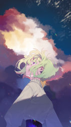 Rule 34 | 1boy, :o, cloud, cloudy sky, floating hair, green hair, highres, lio fotia, looking up, multicolored eyes, promare, puffy sleeves, short hair, sky, solo, yagita (astronomie)