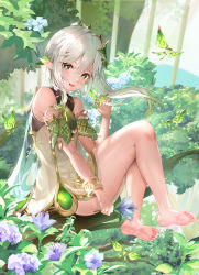 Rule 34 | 1girl, absurdres, barefoot, feet, forest, genshin impact, green eyes, highres, long hair, looking at viewer, nahida (genshin impact), nature, open mouth, pointy ears, side ponytail, silver hair, soles, toes