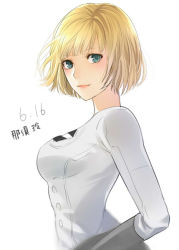 Rule 34 | 10s, 1girl, blonde hair, blue eyes, bob cut, breasts, closed mouth, dated, eyebrows, eyelashes, kanameyura, long sleeves, looking at viewer, nasu rei, pink lips, short hair, smile, solo, uniform, white background, world trigger