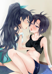Rule 34 | 2girls, after kiss, against wall, antenna hair, bad id, bad pixiv id, bare shoulders, black hair, blue eyes, blush, bow, grabbing another&#039;s breast, breasts, chou (meteorite3), collarbone, couple, eye contact, ganaha hibiki, grabbing, gradient background, hair bow, hand under clothes, hand under shirt, highres, idolmaster, idolmaster (classic), kikuchi makoto, long hair, looking at another, midriff, multiple girls, navel, nose blush, open mouth, ponytail, saliva, saliva trail, shirt, short hair, sitting, small breasts, strap slip, sweat, sweatband, tank top, tongue, tongue out, yuri