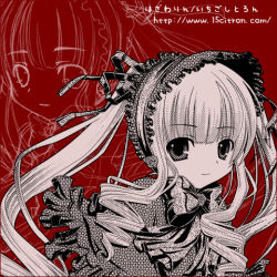 Rule 34 | 00s, 15citron, 1girl, bonnet, capelet, drill hair, frills, long hair, looking at viewer, lowres, monochrome, red background, rozen maiden, shinku, sidelocks, simple background, smile, solo, text focus, twin drills, twintails, upper body, very long hair, zoom layer