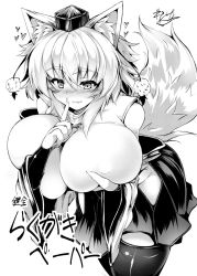 Rule 34 | 1girl, animal ears, bare shoulders, black thighhighs, blush, breast hold, breast press, breasts, cowboy shot, detached sleeves, eyebrows, fangs, fingernails, ginzake (mizuumi), greyscale, hakama, hakama short skirt, hakama skirt, hat, heart, hip vent, huge breasts, index finger raised, inubashiri momiji, japanese clothes, leaning forward, long fingernails, looking at viewer, miniskirt, monochrome, no panties, nose blush, pom pom (clothes), short hair, skirt, smile, solo, tail, thick eyebrows, thighhighs, tokin hat, touhou, translation request, wide sleeves, wolf ears, wolf tail, zettai ryouiki