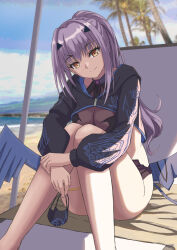Rule 34 | 1girl, beach, bikini, black bikini, black jacket, blue sky, breasts, closed mouth, cropped jacket, dragon wings, fate/grand order, fate (series), forked eyebrows, high ponytail, highres, jacket, ksfactory, long hair, long sleeves, looking at viewer, mask, melusine (fate), melusine (swimsuit ruler) (fate), melusine (swimsuit ruler) (first ascension) (fate), mouth mask, palm tree, shrug (clothing), sidelocks, sitting, sky, small breasts, smile, solo, swimsuit, tail, thighlet, thighs, tree, unworn mask, white hair, wings, yellow eyes