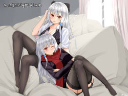 Rule 34 | 2girls, animal ears, bad id, bad pixiv id, bow, breasts, cleavage, collarbone, crossed arms, curtains, garter straps, hair bobbles, hair bow, hair ornament, hand to head, indoors, knees together feet apart, korean text, large breasts, looking at viewer, medium breasts, multiple girls, one eye closed, open clothes, red eyes, scarf, shaojiang, silver hair, sitting, thighhighs