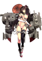 Rule 34 | 10s, 1girl, absurdres, ammunition, armor, ayakawa riku, black hair, black thighhighs, breasts, breasts squeezed together, cameltoe, cannon, detached sleeves, full body, head tilt, highres, jewelry, kantai collection, large breasts, leg up, machinery, mecha musume, neck ring, nipples, no bra, panties, parasol, pink eyes, pink panties, ponytail, sidelocks, simple background, single thighhigh, solo, standing, standing on one leg, thighhighs, thighhighs pull, turret, type 91 armor-piercing shell, umbrella, underwear, white background, yamato (kancolle)