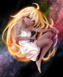 Rule 34 | 1girl, absurdres, ahoge, arm on knee, arm rest, aura, bare arms, bare legs, bare shoulders, barefoot, black hole, blonde hair, breasts, collarbone, commentary request, corrupted metadata, dark-skinned female, dark skin, dress, floating, galaxy, ganguro, head tilt, highres, holding, holding hair, lao bai, lips, long hair, m87 black hole, original, personification, small breasts, solo, space, star-shaped pupils, star (symbol), strap slip, sundress, symbol-shaped pupils, thick eyebrows, very long hair, white dress, yellow eyes