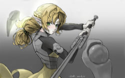 Rule 34 | 1girl, absurdres, armor, blonde hair, braid, dated, dress, elf, flvski, gradient background, grey background, highres, holding, holding weapon, isekai ojisan, long hair, long sleeves, looking at viewer, parted lips, pointy ears, ponytail, signature, solo, sui (isekai ojisan), sword, upper body, weapon, yellow dress