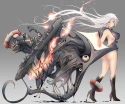 Rule 34 | 1girl, abyssal ship, arm at side, ass, bare shoulders, blue eyes, blush, breasts, corruption, dmt (auburn), dripping, escort water princess, extra eyes, floatation devices, floating hair, from side, full body, gradient background, hair between eyes, hand up, high heels, kantai collection, large breasts, lifebuoy, long hair, looking at viewer, machinery, mid-stride, rigging, shiny skin, sidelocks, smile, swim ring, thighs, walking, white hair