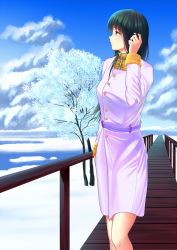 Rule 34 | 1girl, aqua eyes, black hair, blue sky, breasts, cloud, day, dock, hand in own hair, hand up, highres, hosoimouto, lake, long hair, looking to the side, medium breasts, railing, sky, snow, solo, standing, tree, winter
