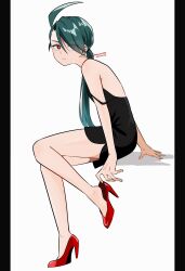 Rule 34 | 1girl, ahoge, artist name, black dress, bright pupils, closed mouth, commentary, creatures (company), dated, dress, eyelashes, full body, game freak, genjitsu o miro, green hair, hair over one eye, high heels, highres, invisible chair, long hair, nintendo, pokemon, pokemon sv, red eyes, red footwear, rika (pokemon), simple background, sitting, sleeveless, sleeveless dress, solo, symbol-only commentary, twitter username, white background, white pupils