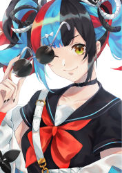 Rule 34 | 1girl, bad id, bad pixiv id, black hair, black nails, black sailor collar, black serafuku, blue hair, closed mouth, collar, fate/grand order, fate (series), highres, karen ngao, looking at viewer, multicolored hair, nail polish, one eye closed, red hair, sailor collar, school uniform, sei shounagon (fate), serafuku, short hair, simple background, smile, solo, sunglasses, sunglasses removed, twintails, upper body, white background, yellow eyes