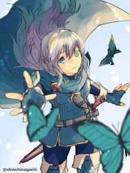 Rule 34 | 1girl, absurdres, armor, blue eyes, blue hair, bug, butterfly, cape, fingerless gloves, fire emblem, fire emblem awakening, gloves, hair between eyes, highres, bug, long hair, looking at viewer, lucina (fire emblem), nintendo, nishimura (nianiamu), simple background, smile, solo, sword, tiara, weapon