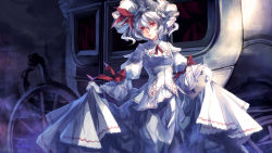 Rule 34 | 1girl, ascot, blue hair, carriage, curtsey, dress, female focus, gloves, hat, highres, looking at viewer, md5 mismatch, red eyes, remilia scarlet, short hair, skade, solo, touhou, white gloves, wings