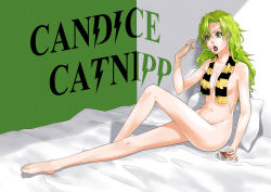 Rule 34 | 1girl, absurdres, bed, bed sheet, bleach, breasts, candice catnipp, character name, cup, eating, food, green eyes, green hair, highres, hirotaka, ice cream, legs, long hair, matching hair/eyes, naked scarf, navel, nude, on bed, open mouth, pillow, quincy (bleach), scarf, sitting, solo, spoon