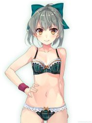 Rule 34 | 10s, 1girl, arm at side, bra, breasts, cowboy shot, frilled panties, frills, gluteal fold, green bra, green panties, grey hair, kantai collection, looking at viewer, navel, panties, plaid, plaid bra, plaid panties, ponytail, shirokitsune, simple background, small breasts, solo, underwear, underwear only, white background, wrist cuffs, yellow eyes, yuubari (kancolle)