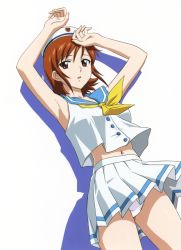 Rule 34 | absurdres, armpits, arms up, blue sailor collar, breasts, brown eyes, brown hair, crotch seam, hat, highres, medium breasts, nakamura ayamo, navel, neckerchief, panties, parted lips, pleated skirt, sailor collar, sailor hat, shadow, shirt, short hair, skirt, solo, stratos 4, underwear, wind, wind lift, yamauchi noriyasu
