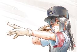 Rule 34 | 1girl, armband, bad id, bad twitter id, black hair, braid, clothes writing, female service cap, gloves, hair between eyes, hat, holding, holding whistle, isonami (kancolle), kantai collection, kepi, long hair, military hat, nogiguchi kohiro, pointing, shirt, short sleeves, sidelocks, simple background, solo, twitter username, uniform, upper body, vest, whistle, white gloves
