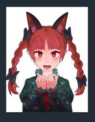 Rule 34 | 1girl, animal ear fluff, animal ears, black bow, blunt bangs, border, bound, bound wrists, bow, braid, breasts, bright pupils, cat ears, commentary, dress, extra ears, fangs, floral print, frills, green dress, grey border, hair bow, hands up, highres, juliet sleeves, kaenbyou rin, light blush, long hair, long sleeves, looking at viewer, medium breasts, nail polish, nostrils, open mouth, pointy ears, puffy sleeves, red eyes, red hair, red nails, red ribbon, ribbon, simple background, slit pupils, solo, straight-on, sweat, teeth, tied up (nonsexual), tongue, tongue out, touhou, twin braids, upper body, white background, yan pai