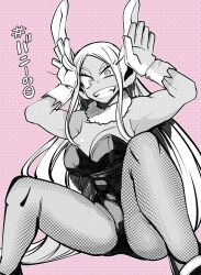 Rule 34 | 1girl, :d, absurdres, animal ears, armpits, bare shoulders, boku no hero academia, breasts, bunny day, cleavage, dark-skinned female, dark skin, fishnet pantyhose, fishnets, fur collar, gloves, greyscale with colored background, hands up, highleg, highleg leotard, highres, large breasts, leotard, long eyelashes, long hair, looking at viewer, mirko, nstime23, open mouth, pantyhose, parted bangs, pink background, rabbit ears, rabbit girl, rabbit pose, sitting, smile, solo, spread legs, strapless, strapless leotard, teeth, thick thighs, thighs, toned, very long hair, white gloves, white hair