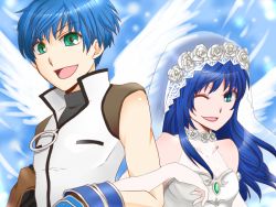 Rule 34 | 1boy, 1girl, alternate costume, angel wings, ask rui, bare shoulders, blue hair, breasts, bridal veil, couple, dress, elbow gloves, fayt leingod, gloves, green eyes, long hair, looking at viewer, maria traydor, one eye closed, open mouth, shiny skin, shirt, short hair, smile, star ocean, star ocean anamnesis, star ocean till the end of time, veil, wedding dress, white dress, wings, wink