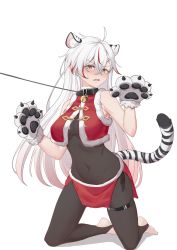 Rule 34 | 1girl, absurdres, ahoge, animal ears, animal hands, armpits, bare arms, bare shoulders, bell, bodystocking, breasts, chinese zodiac, cleavage, covered navel, crop top, crop top overhang, frown, full body, fur trim, gloves, highres, jingle bell, kneeling, large breasts, leash, long hair, looking at viewer, miniskirt, multicolored hair, open mouth, orange eyes, original, paw gloves, pelvic curtain, red shirt, red skirt, revealing clothes, shirt, side-tie peek, skirt, sleeveless, sleeveless shirt, solo, streaked hair, sweatdrop, tail, thigh strap, tiger ears, tiger tail, v-shaped eyebrows, very long hair, white hair, xiao fei, year of the tiger