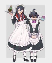Rule 34 | 1boy, 1girl, alternate costume, apron, black dress, black footwear, black hair, blush, bow, brother and sister, carmine (pokemon), creatures (company), crossdressing, crossed bangs, dress, enmaided, flying sweatdrops, frilled apron, frills, full body, game freak, gen 8 pokemon, hair between eyes, hand on own hip, high heels, highres, holding, holding tray, kieran (pokemon), long hair, long sleeves, looking at viewer, maid, maid apron, maid headdress, mole, mole on neck, mole under eye, morisuguri, nintendo, open mouth, pantyhose, pokemon, pokemon (creature), pokemon sv, purple hair, red hair, shoes, siblings, simple background, sinistcha, sinistea, sparkle, standing, sweat, trap, tray, white apron, white pantyhose, yellow eyes