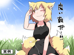 Rule 34 | 1girl, ;), alternate costume, angel wings, animal ears, arm up, bare arms, bare shoulders, black dress, blonde hair, blue sky, blush, breasts, brown eyes, chemise, cloud, commentary request, day, dress, fox ears, fox tail, giving up the ghost, grass, halo, hammer (sunset beach), large breasts, light rays, looking to the side, multiple tails, nightgown, one eye closed, outdoors, short hair, sky, sleeveless, sleeveless dress, smile, solo, sun, sunbeam, sundress, sunlight, tail, touhou, translated, underwear, underwear only, upper body, wings, yakumo ran, yellow eyes