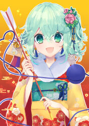 Rule 34 | 1girl, 2020, absurdres, animal, animal on shoulder, arrow (projectile), beads, bell, blue earrings, blue ribbon, blush, cherry blossom print, chinese zodiac, commentary, earrings, eyebrows hidden by hair, eyelashes, floral print, flower, flower earrings, fur-trimmed kimono, fur trim, gradient background, green eyes, green hair, green ribbon, green sash, hair beads, hair between eyes, hair flower, hair ornament, hands up, happy, happy new year, heart, heart of string, highres, holding, holding arrow, japanese clothes, jewelry, kimono, komeiji koishi, leaf, long sleeves, looking at viewer, medium hair, mouse (animal), new year, no headwear, open mouth, orange background, pink flower, pink rose, red background, ribbon, rose, sash, side ponytail, simple background, smile, solo, tassel, tassel earrings, tassel hair ornament, third eye, touhou, tsukikusa, upper body, wavy hair, wide sleeves, year of the rat, yellow kimono, yukata