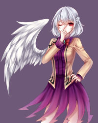 Rule 34 | 1girl, absurdres, angel wings, bad id, bad pixiv id, bow, braid, breasts, brooch, brown jacket, covering own mouth, cowboy shot, dress, finger on nose, french braid, hand on own hip, hand over own mouth, highres, jacket, jewelry, kishin sagume, long sleeves, looking at viewer, one eye closed, purple background, purple dress, red eyes, sheya, silver hair, simple background, single wing, solo, thighs, touhou, white wings, wings