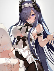 Rule 34 | 1girl, aa44, apron, august von parseval (azur lane), august von parseval (the conquered unhulde) (azur lane), azur lane, black bow, black dress, bow, breasts, clothing cutout, curled horns, dress, garter straps, grey background, hair over one eye, highres, horns, large breasts, mechanical horns, official alternate costume, purple eyes, purple hair, simple background, sleeveless, sleeveless dress, solo, thighhighs, two-tone dress, underboob cutout, white apron, white dress, white garter straps, white thighhighs