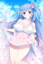 Rule 34 | 1girl, absurdres, barefoot, blue eyes, blue hair, blue sky, blush, breasts, cleavage, clothes lift, day, dress, dress lift, emori miku, flower, hair flower, hair ornament, hair ribbon, halterneck, highres, huge filesize, large breasts, lifted by self, liver city, long dress, long hair, looking at viewer, miko (royal milk), one side up, outdoors, panties, petals, ribbon, sky, smile, solo, sparkle, striped clothes, striped panties, underwear, very long hair, white dress