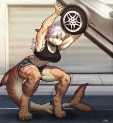 Rule 34 | 1girl, animal feet, armpits, artist name, blue eyes, breasts, car, clenched teeth, collar, commission, day, full body, furry, furry female, garage, highres, large breasts, midriff, motor vehicle, muscular, muscular female, navel, original, outdoors, parted lips, pgm300, shorts, solo, sports bra, standing, sweat, tail, teeth, torn clothes, watermark, white hair