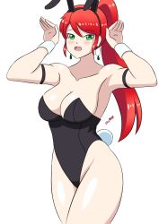 Rule 34 | 1girl, armpits, arms up, breasts, cleavage, green eyes, highres, large breasts, leotard, long hair, open mouth, ponytail, pyrrha nikos, rabbit ears, red hair, rwby, smile, solo, thighhighs, thighs