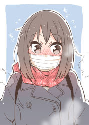 Rule 34 | 1girl, bag, blue background, blush, brown eyes, brown hair, buttons, coat, heavy breathing, mask, medium hair, mouth mask, original, scarf, sodapop (iemaki), solo, steam, surgical mask, winter clothes