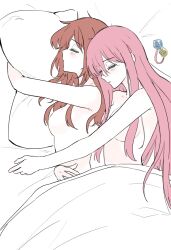 2girls bed_sheet blanket bocchi_the_rock! closed_eyes cube_hair_ornament gotoh_hitori hair_down hair_ornament hickey highres hug hug_from_behind hugging_object kita_ikuyo long_hair multiple_girls nude pillow pillow_hug pink_hair puhen red_hair sleeping spooning tagme under_covers white_background yuri