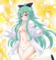 Rule 34 | 10s, 1girl, bad id, bad pixiv id, blush, breasts, green eyes, green hair, hair ornament, hairclip, kantai collection, long hair, navel, nipples, no bra, no pants, open clothes, open mouth, open shirt, outstretched arms, oversized clothes, oversized shirt, panties, ponytail, ribbon, sandals, shirt, sleeves past wrists, smile, solo, standing, standing on one leg, tachibana hiroki, underwear, very long hair, white panties, yamakaze (kancolle)