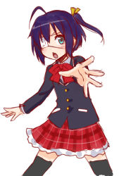Rule 34 | 10s, 1girl, ahoge, bad id, bad pixiv id, black thighhighs, blazer, blue hair, blush, bow, chestnut mouth, chuunibyou demo koi ga shitai!, eyepatch, ha-ru, jacket, looking at viewer, one side up, open mouth, outstretched hand, plaid, plaid skirt, school uniform, side ponytail, simple background, skirt, solo, takanashi rikka, thighhighs, white background, zettai ryouiki