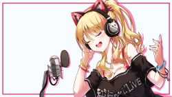 Rule 34 | .live, 1girl, :d, absurdres, animal ears, bangle, bare shoulders, black shirt, blonde hair, blush, bracelet, breasts, cat ears, cleavage, clothes writing, darjeeling (reley), dutch angle, closed eyes, fake animal ears, fingernails, hand on headphones, hands up, headphones, high ponytail, highres, jewelry, large breasts, microphone, multicolored hair, nail polish, off-shoulder shirt, open mouth, pink hair, ponytail, red nails, round teeth, shirt, short sleeves, smile, solo, streaked hair, teeth, translation request, upper teeth only, virtual youtuber