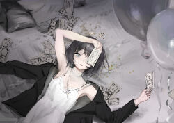 Rule 34 | 1girl, balloon, banknote, benikusochan, black jacket, covering one eye, dress, grey eyes, highres, holding, holding money, jacket, looking at viewer, lying, money, muted color, on back, original, pillow, solo, upper body, white dress