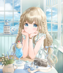 Rule 34 | 1girl, blonde hair, blue eyes, blue sky, braid, camera, cherry, closed mouth, cloud, commentary, earrings, elbows on table, flower, food, fruit, hair ribbon, hands on own face, highres, hoshiibara mato, ice cream, ice cream float, indoors, jewelry, lavender (flower), long hair, looking at viewer, ocean, original, ribbon, sky, smile, solo, spoon, watch, white flower, window, wristwatch