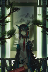 Rule 34 | 1girl, absurdly long hair, arknights, bare shoulders, black jacket, blue hair, branch, china dress, chinese clothes, collared dress, commentary, cowboy shot, dragon horns, dress, dusk (arknights), earrings, hair over one eye, hair over shoulder, highres, holding, holding sword, holding weapon, horns, jacket, jewelry, long hair, looking at viewer, multicolored hair, necktie, off shoulder, open clothes, open jacket, pointy ears, red eyes, red necktie, scroll, senakira, sleeveless, sleeveless dress, solo, streaked hair, sword, two-tone hair, very long hair, weapon