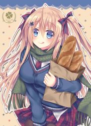 Rule 34 | 1girl, :q, ahoge, artist name, bad id, bad pixiv id, baguette, black pantyhose, blonde hair, blue eyes, blush, bread, breasts, checkered clothes, checkered skirt, closed mouth, clover hair ornament, food, fringe trim, green scarf, hair between eyes, hair ornament, hair ribbon, hairclip, large breasts, leaning forward, long hair, necktie, original, pantyhose, plaid, plaid skirt, pleated skirt, polka dot, polka dot background, red necktie, red ribbon, red skirt, ribbon, scarf, shirt, skirt, smile, solo, sorai shin&#039;ya, striped ribbon, sweater, tongue, tongue out, traene (sorai shin&#039;ya), two side up, white shirt
