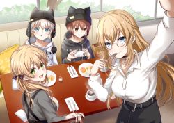 Rule 34 | 4girls, alternate costume, animal ear headwear, bad id, bad pixiv id, bespectacled, bismarck (kancolle), black choker, black headwear, black hoodie, black skirt, blonde hair, blue eyes, breasts, brown eyes, brown hair, camera, cellphone, choker, coffee mug, collared shirt, cross, cup, fake animal ears, food, fork, glasses, green eyes, grey shirt, holding, holding camera, holding fork, holding phone, hood, hoodie, indoors, iron cross, kantai collection, knife, knit hat, large breasts, long hair, long sleeves, looking at viewer, low twintails, mashiro aa, medium breasts, mug, multiple girls, phone, plate, prinz eugen (kancolle), selfie, shirt, short hair, skirt, smartphone, smile, table, taking picture, twintails, white hair, white hoodie, white shirt, z1 leberecht maass (kancolle), z3 max schultz (kancolle)