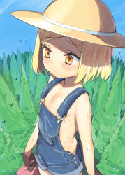 Rule 34 | 1girl, blonde hair, blush, brown hair, fate/grand order, fate (series), female focus, flat chest, forest, giant, giantess, hat, henry bird 9, naked overalls, nature, orange eyes, outdoors, overalls, paul bunyan (fate), paul bunyan (third ascension) (fate), short hair, solo, sweat