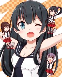 Rule 34 | 10s, 4girls, acchii (akina), agano (kancolle), akina873, arms up, asymmetrical legwear, bare shoulders, black hair, blue eyes, blush, braid, breasts, brown hair, cleavage, crossed arms, flat chest, hand on own hip, kantai collection, long hair, looking at viewer, multiple girls, neckerchief, noshiro (kancolle), one eye closed, open mouth, pleated skirt, purple hair, red skirt, sailor collar, sakawa (kancolle), school uniform, serafuku, short hair, skirt, sleeveless, small breasts, twin braids, twintails, uneven legwear, yahagi (kancolle)